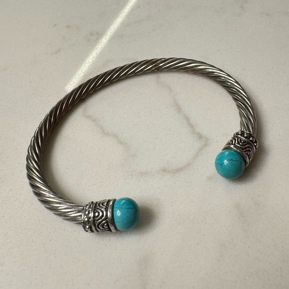 Silver Cable Bracelet with Faux Turquoise - Adjustable Silver Tone Cable Cuff - Picture 11 of 13